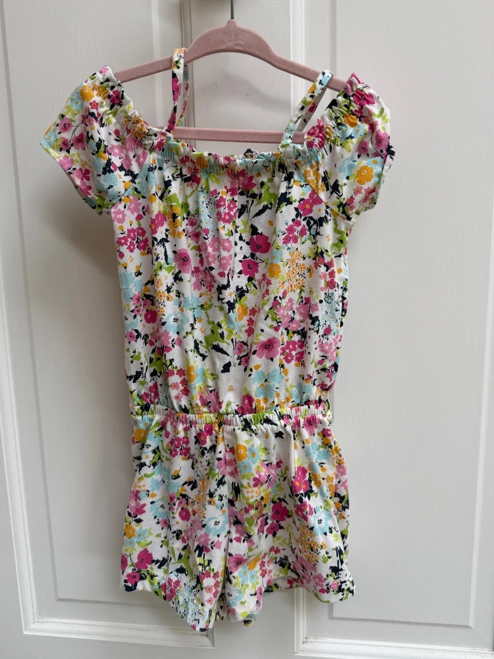 The Children's Place Girls 5T White Floral Off-Shoulder Romper Pink & Yellow